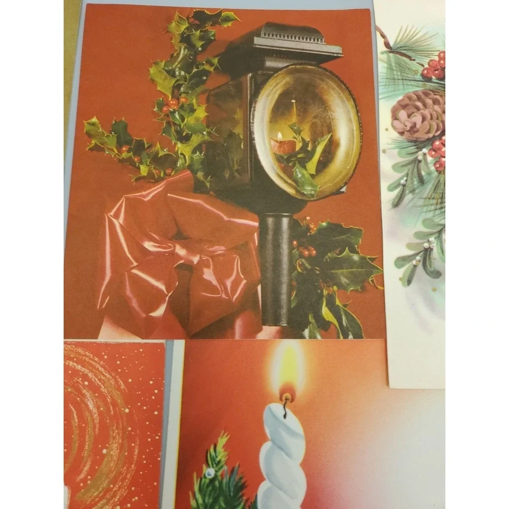 13 Old Vintage Used Greeting Card Fronts Crafts Poinsetta Candle Evergreen Holly
